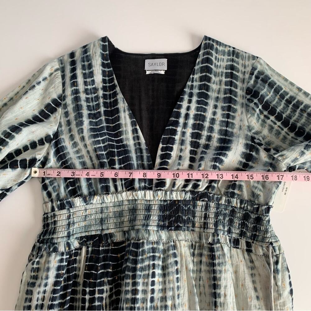 Saylor Syden Navy Tie Dye Gold Metallic V-neck Tiered Boho Mini Dress Large - Picture 4 of 12